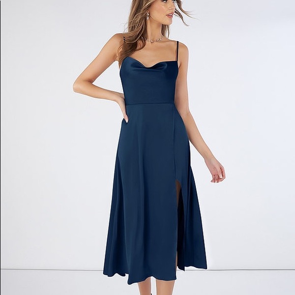 Azazie Navy Elma Stretch Satin Dress - Picture 3 of 6